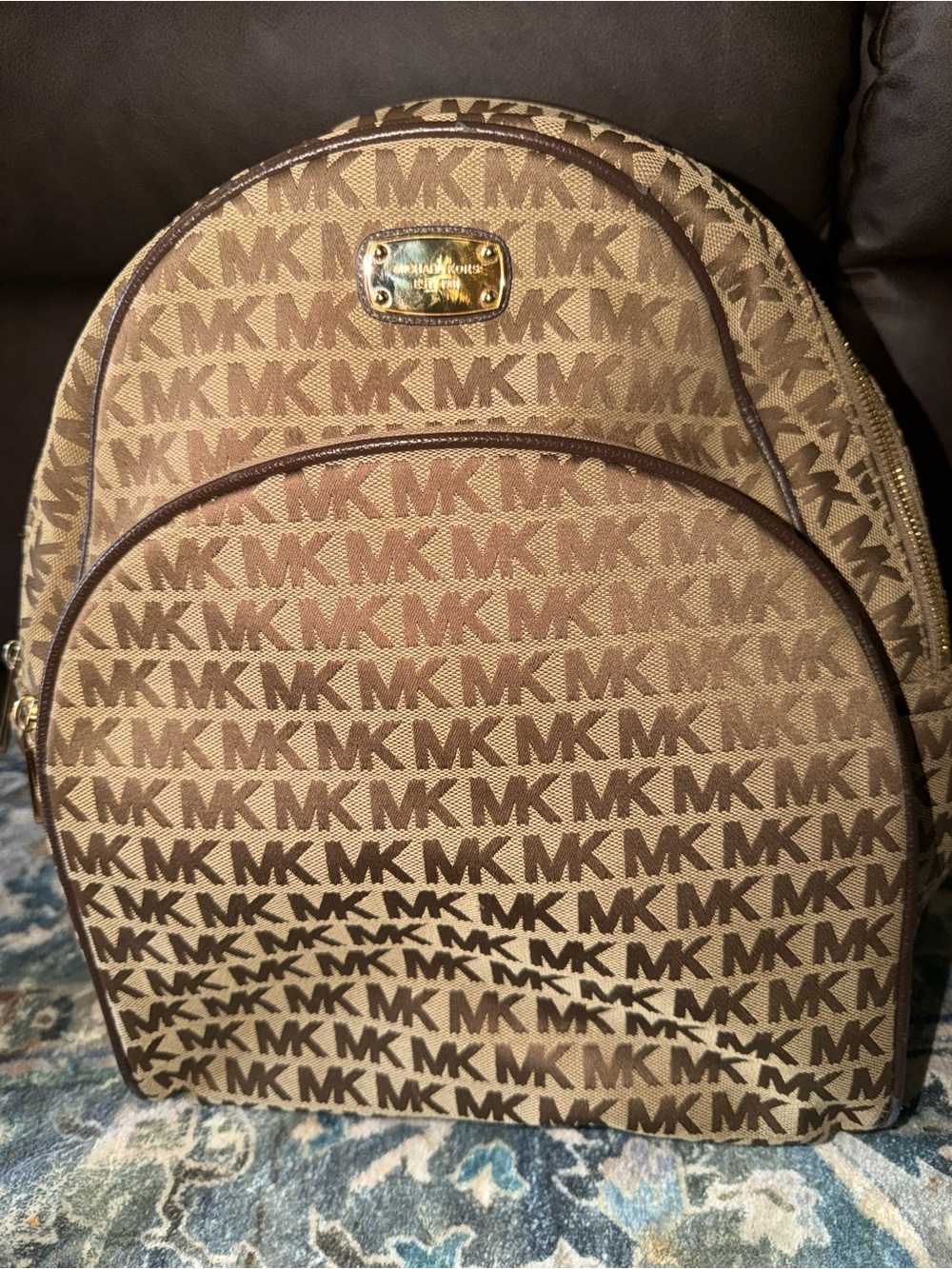 Michael Kors Brown MK Monogram Backpack with Gold Plaque